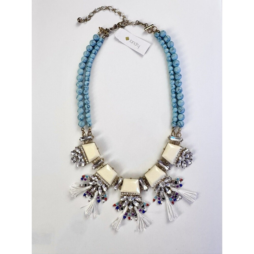 Landry - Ivory Cabochon & Turquoise Beaded Multicolor Tassel Statement Necklace